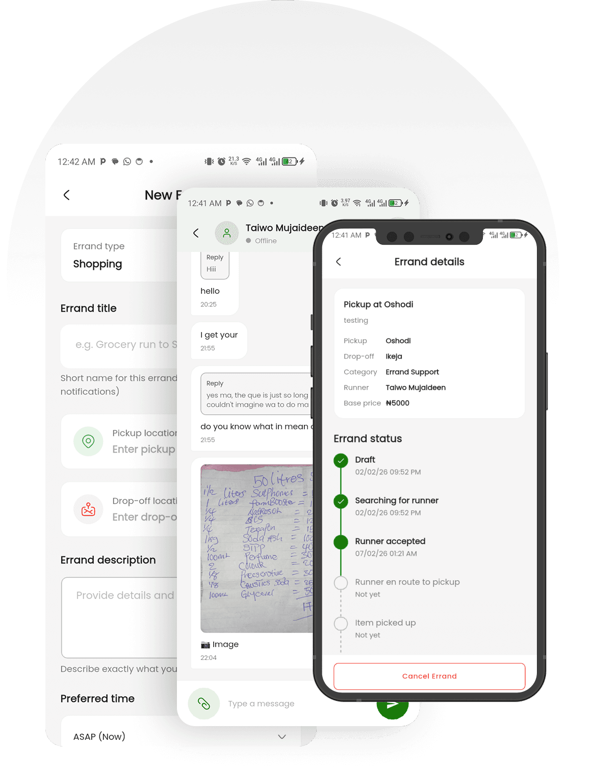 GoQuick app screens: errand details, chat with runner, and new errand form
