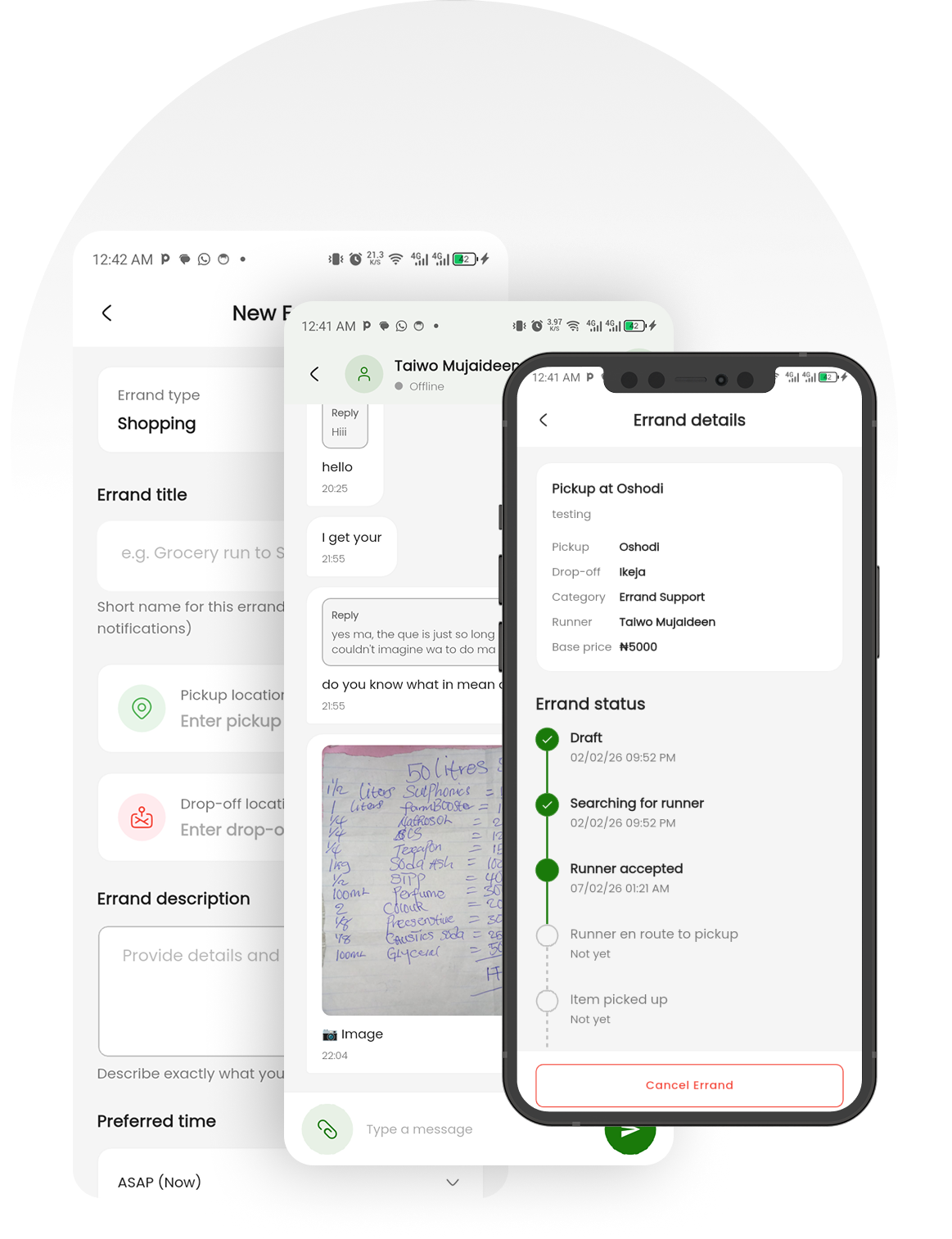 GoQuick app screens: errand details, chat with runner, and new errand form