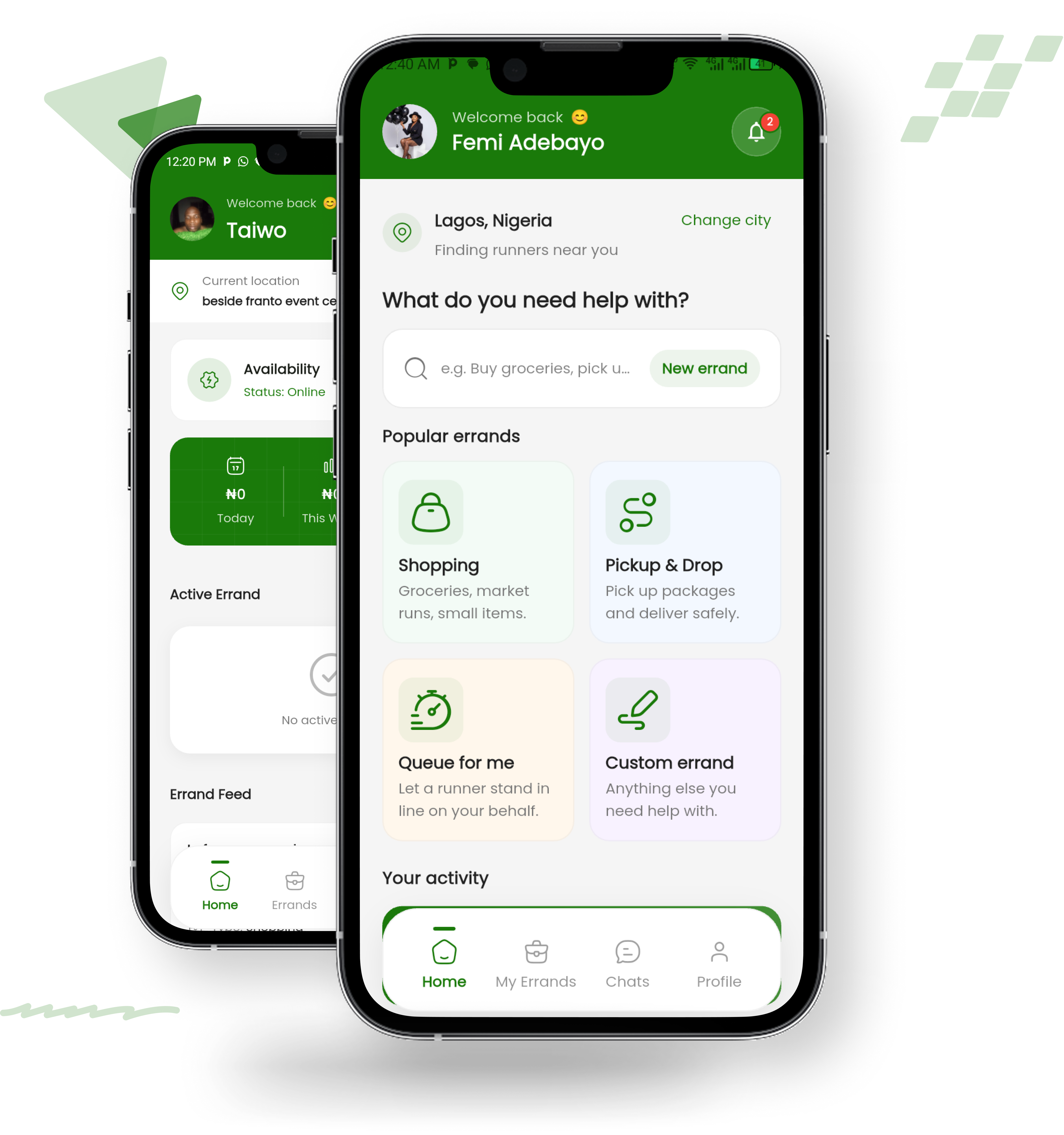 GoQuick app on two phones, home screen and runner screen